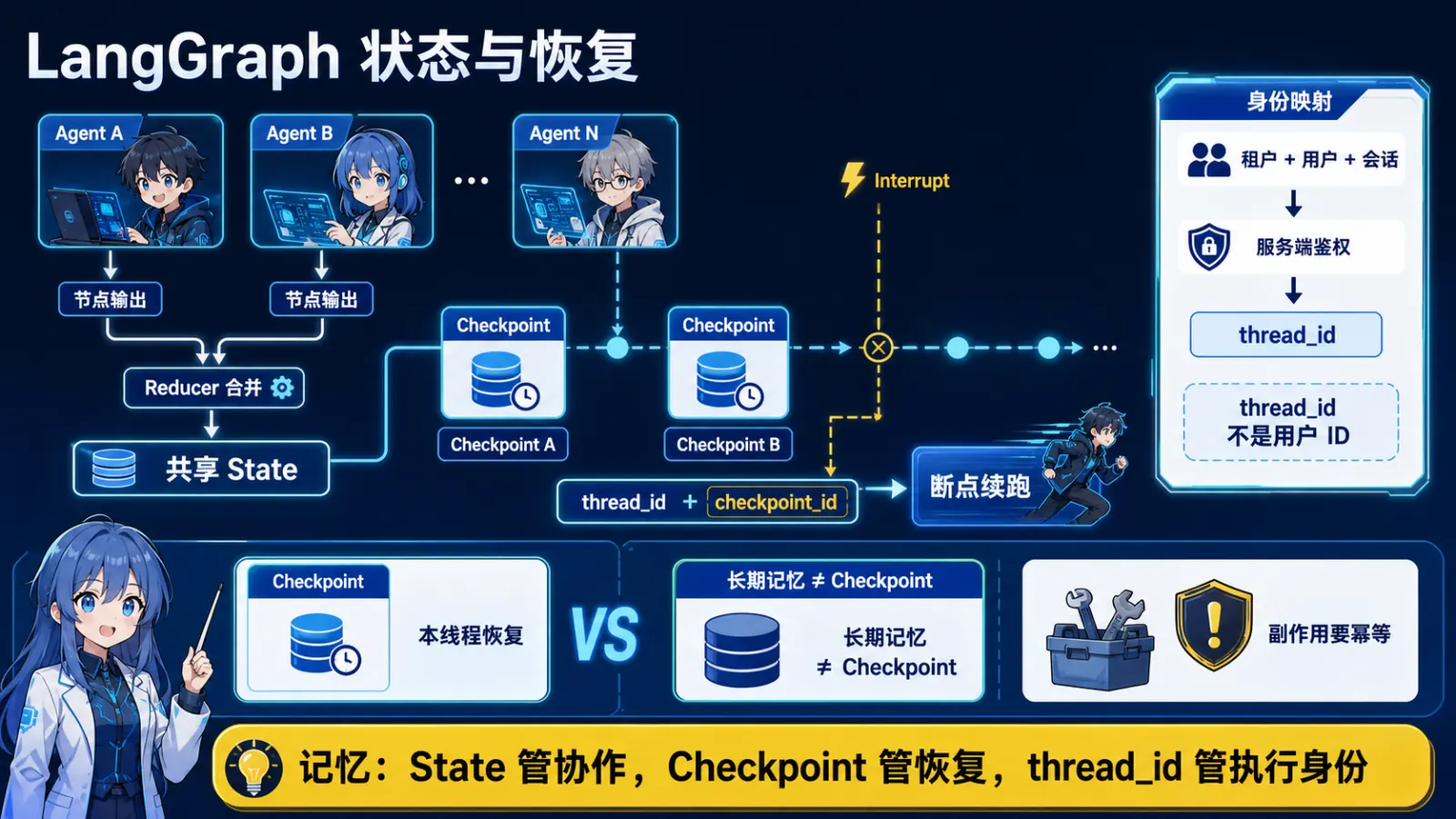 LangGraph共享状态、Checkpoint时间线与断点恢复图解