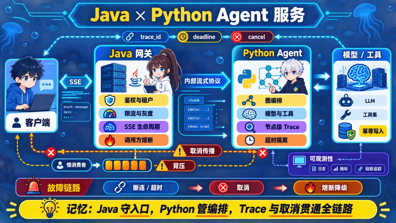 Java网关与Python Agent服务职责、流式协议和全链路治理图解