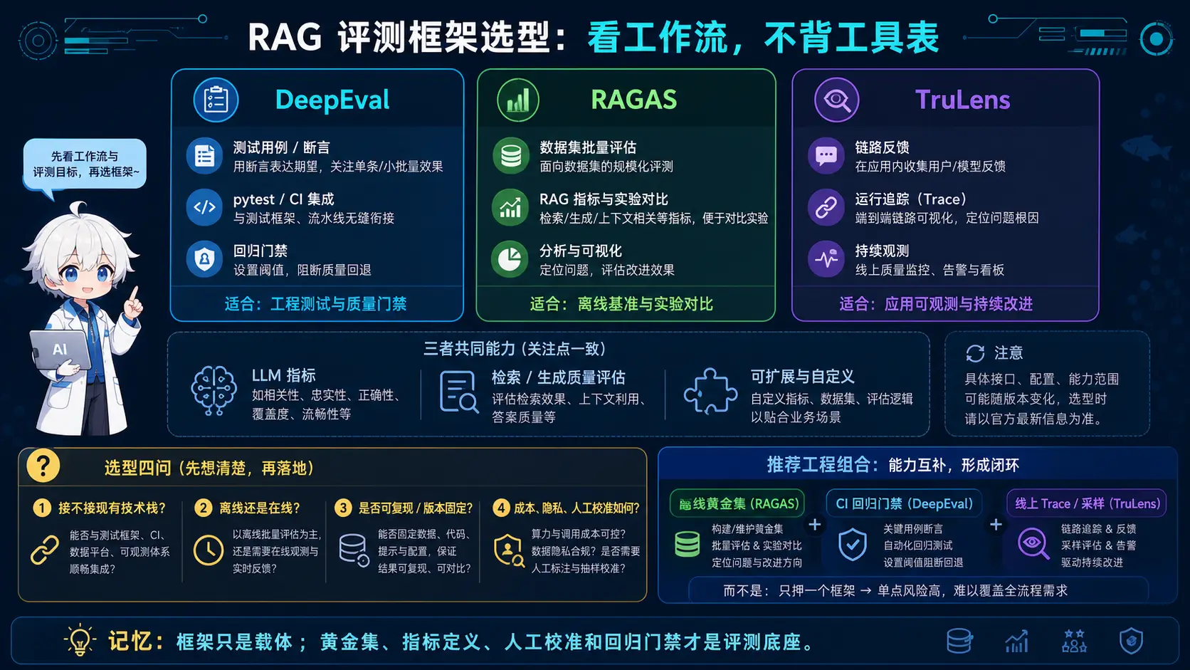 DeepEval RAGAS TruLens 评测工作流选型图解