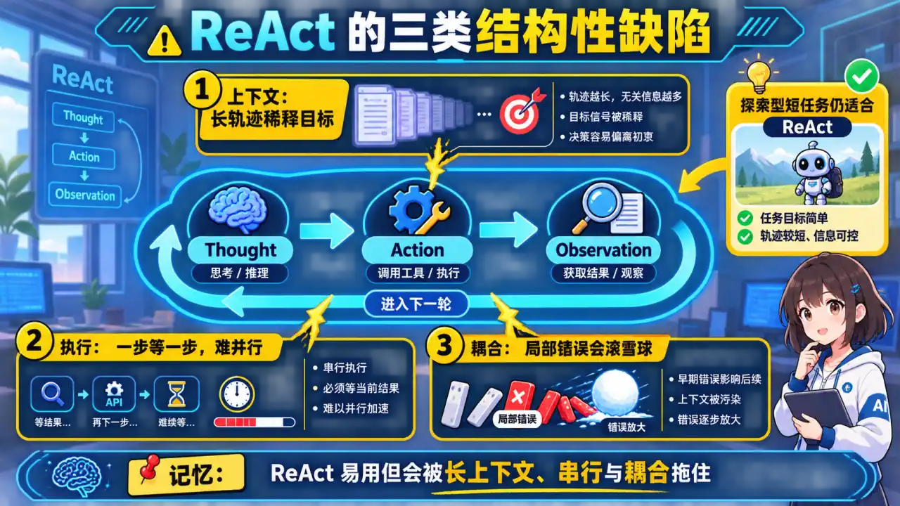 22 模块 Q3 教学图:ReAct 模式的核心原理是什么?它的三个致命缺陷是什么?