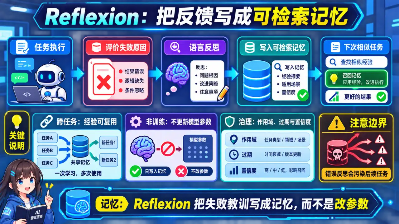 22 模块 Q8 教学图:Reflexion 和普通反思有什么区别?它的记忆机制是什么?