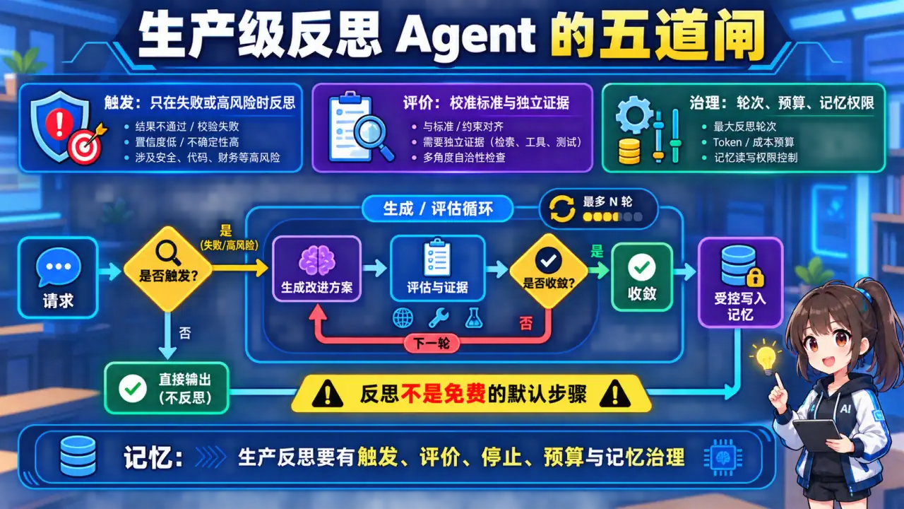 22 模块 Q10 教学图:如何设计具备反思能力的生产级 Agent?有哪些关键工程问题?