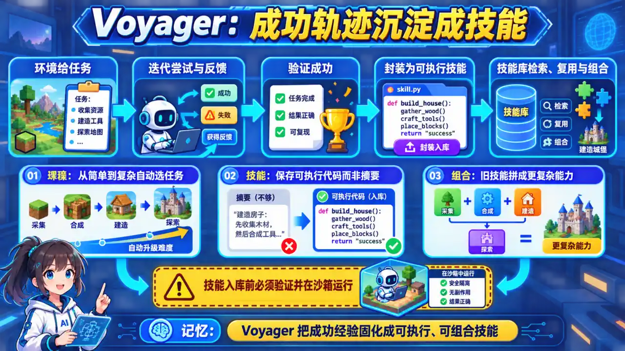 22 模块 Q11 教学图:Voyager 是什么?为什么终身学习 Agent 是 2026 年的重要突破?
