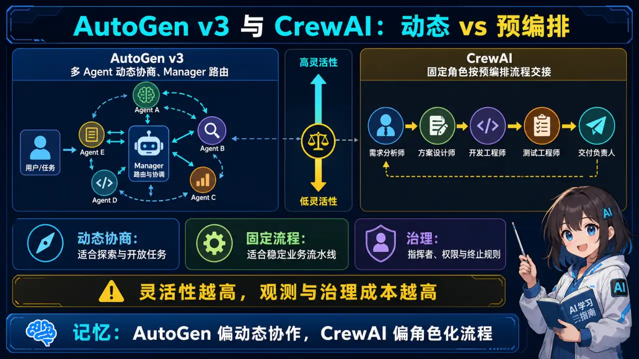 22 模块 Q12 教学图:AutoGen v3 和 CrewAI 有什么区别?多 Agent 协作的指挥官模式是什么?