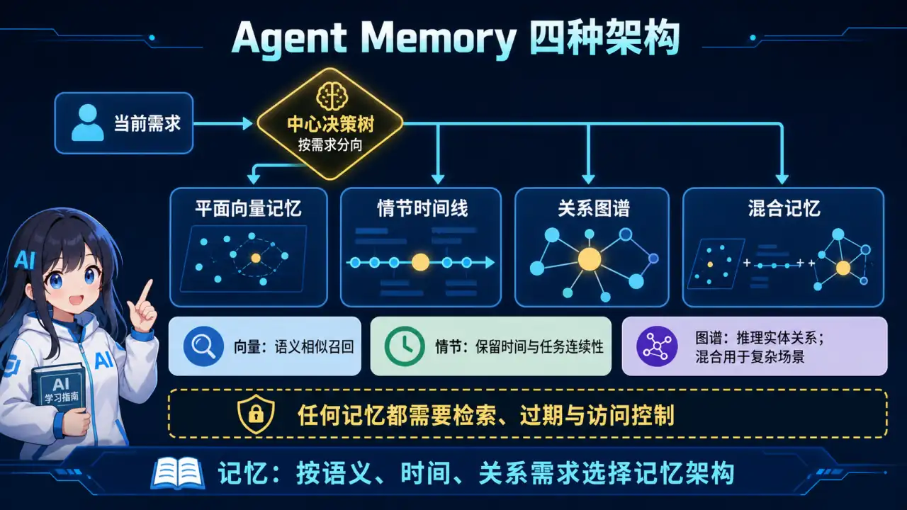 22 模块 Q13 教学图:什么是 Agent Memory 架构?Flat Vector、Episodic、Graph、Hybrid 四种架构各适合什么场景?2026年 Mem0/Zep/Letta/LOCOMO 有哪些新进展?