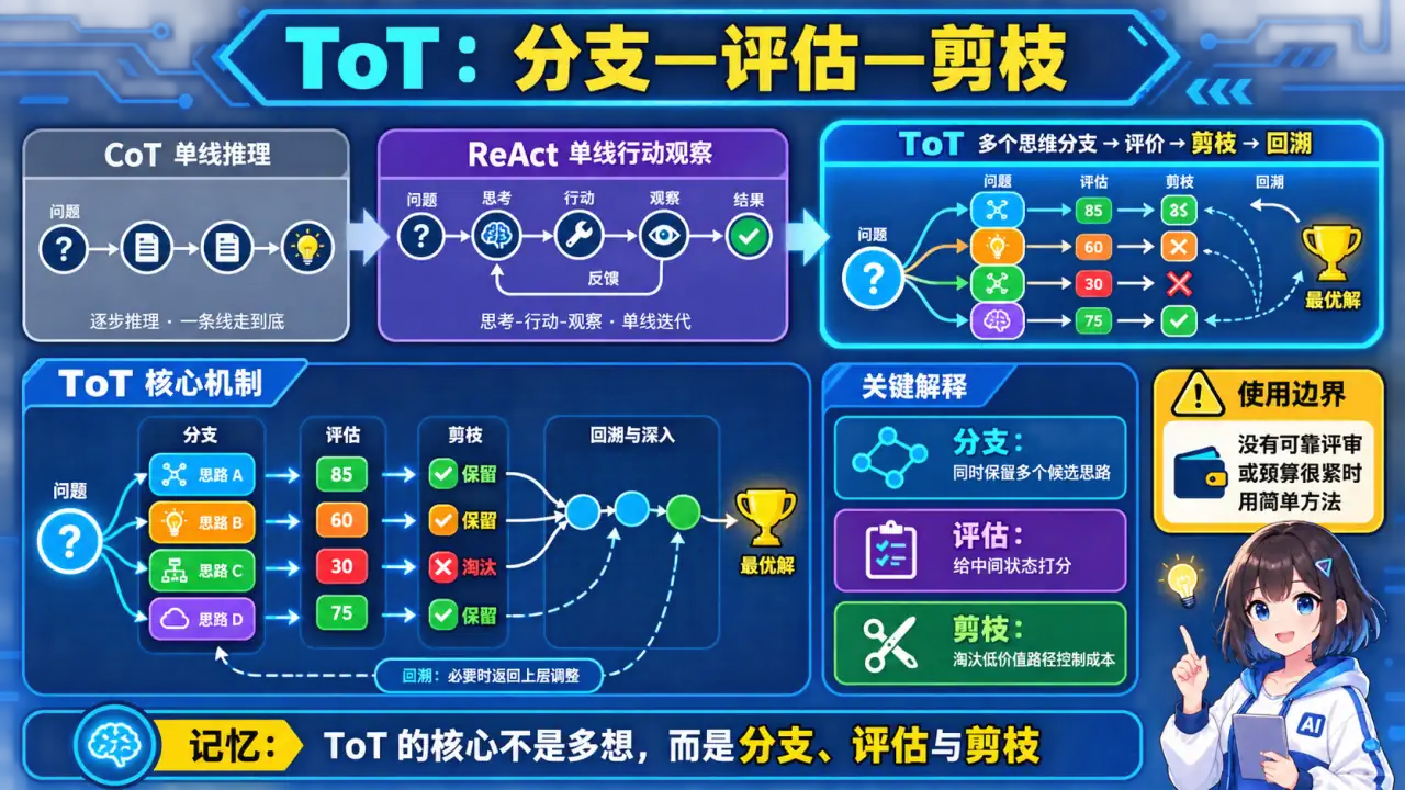 22 模块 Q15 教学图:什么是 Tree of Thoughts(ToT)?它和 CoT、ReAct 有什么区别?什么时候树搜索得不偿失?