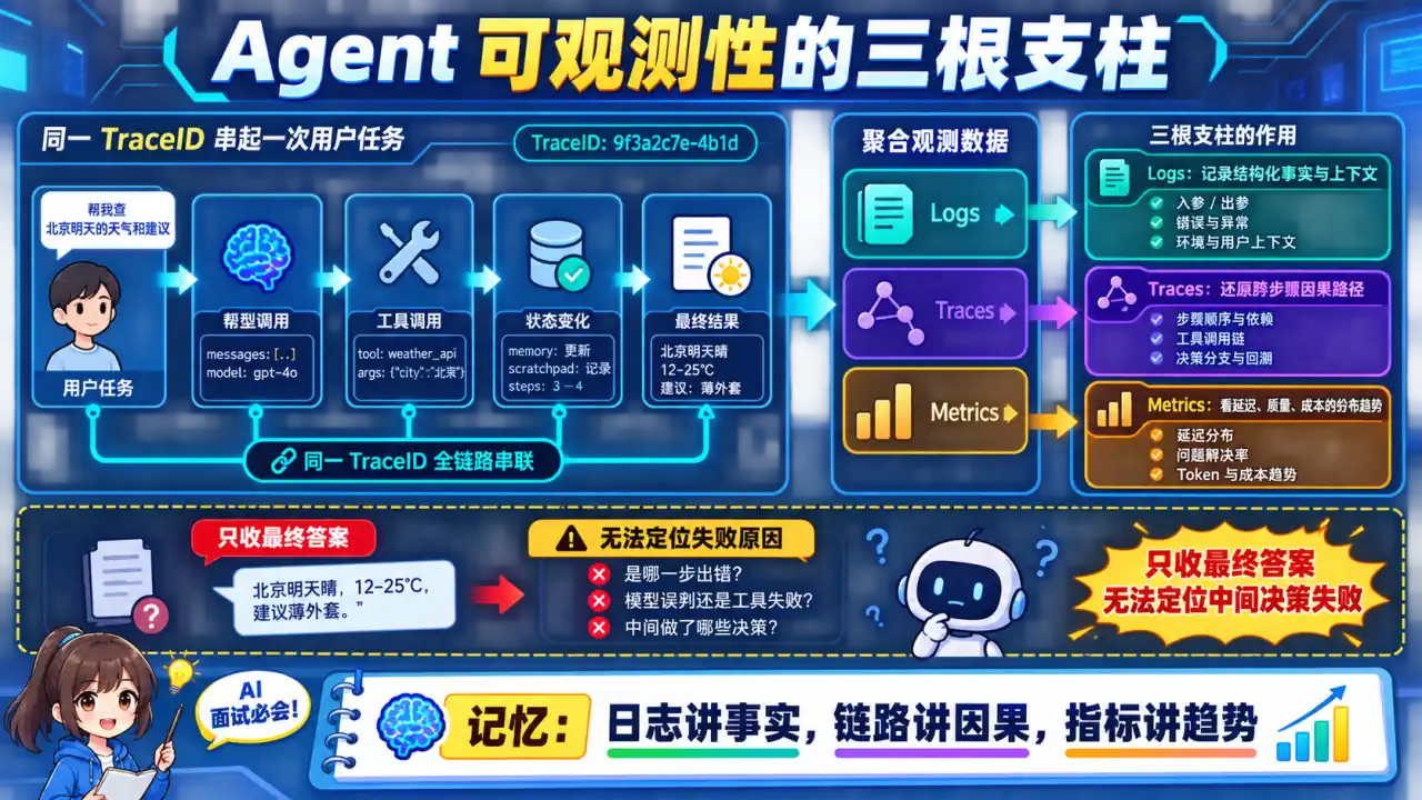 23 模块 Q1 教学图:如何建立 Agent 的可观测性体系?有哪些核心指标?
