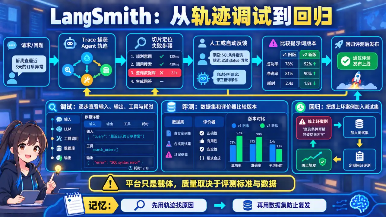 23 模块 Q2 教学图:如何用 LangSmith 做 Agent 调试?有哪些高级用法?