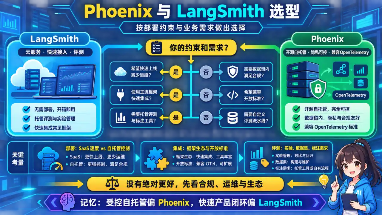 23 模块 Q5 教学图:如何用 Arize Phoenix 做开源可观测性?和 LangSmith 有什么区别?