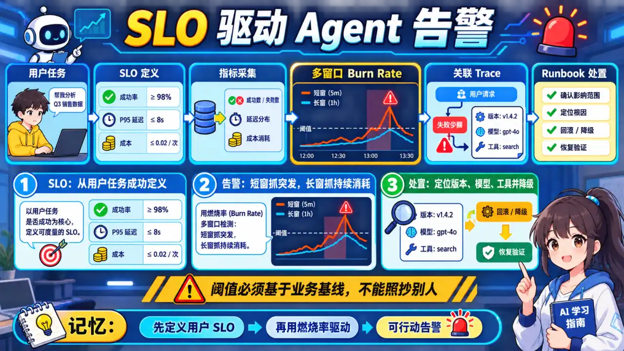 23 模块 Q6 教学图:如何设计 Agent 的 SLA 和告警规则?有哪些关键阈值?