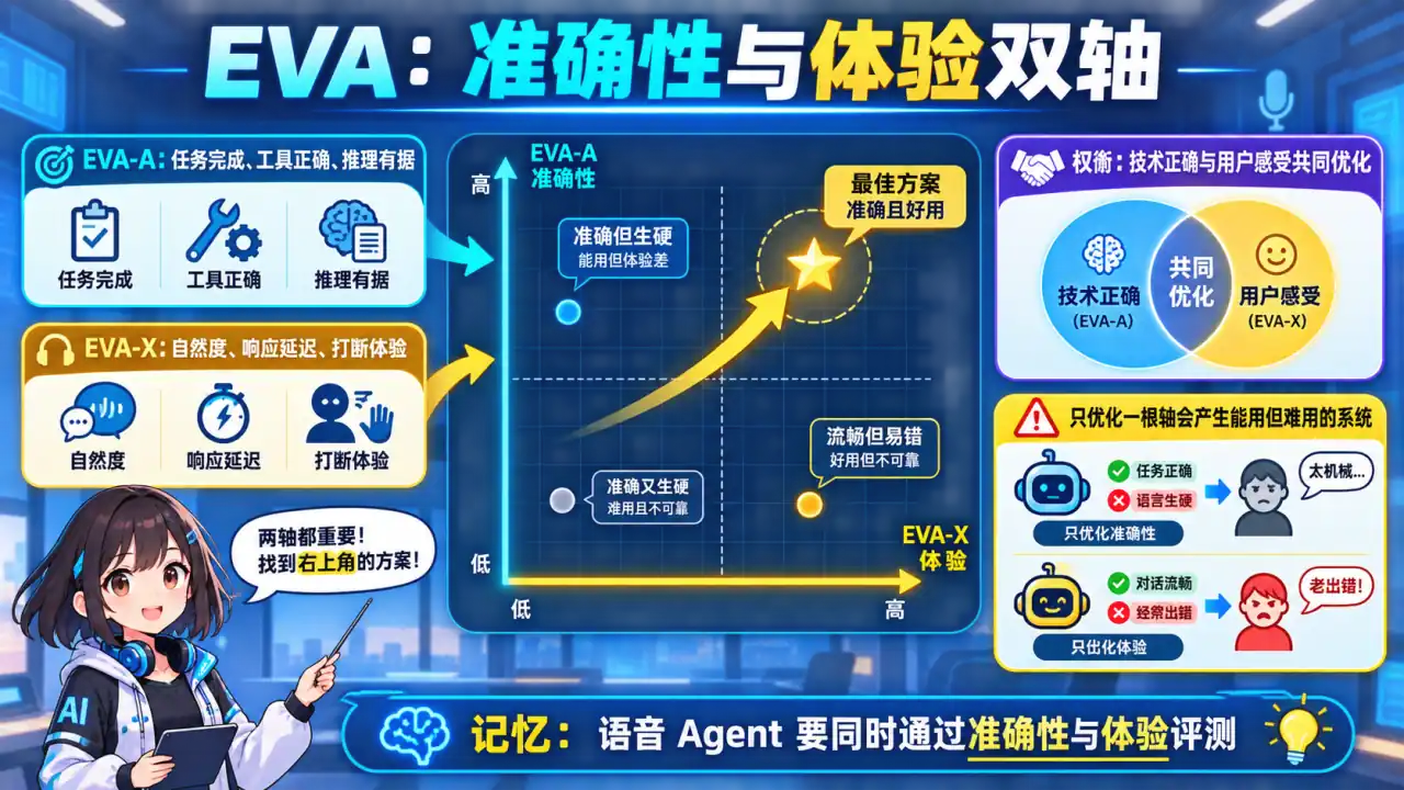 23 模块 Q9 教学图:EVA 框架是什么?为什么准确性与体验取舍是 Voice Agent 评估的核心发现?