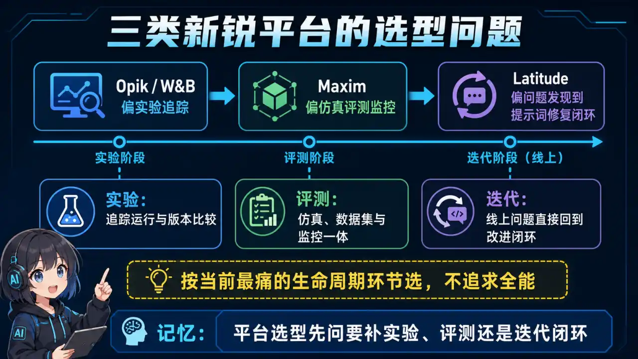 23 模块 Q10 教学图:Opik、Maxim AI、Latitude 三大2026新锐平台各有什么特点?如何选型?