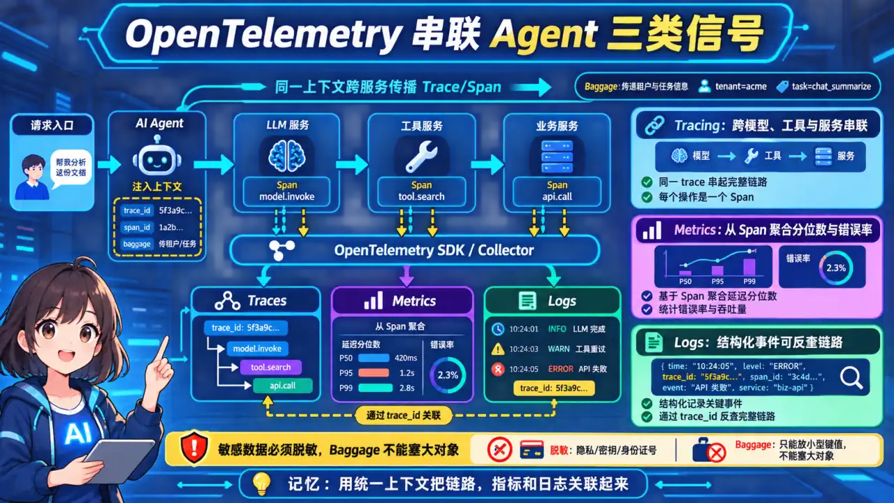 23 模块 Q12 教学图:OpenTelemetry 在 Agent 系统中的完整接入实战
