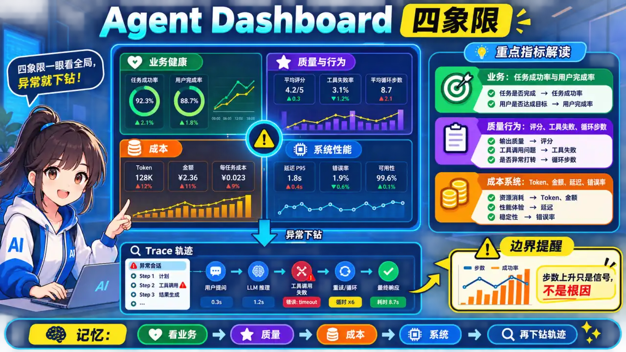 23 模块 Q13 教学图:Grafana Dashboard 设计:Agent 监控面板关键指标
