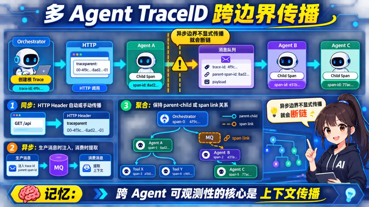 23 模块 Q14 教学图:多 Agent 系统的分布式追踪:TraceID 传递与关联