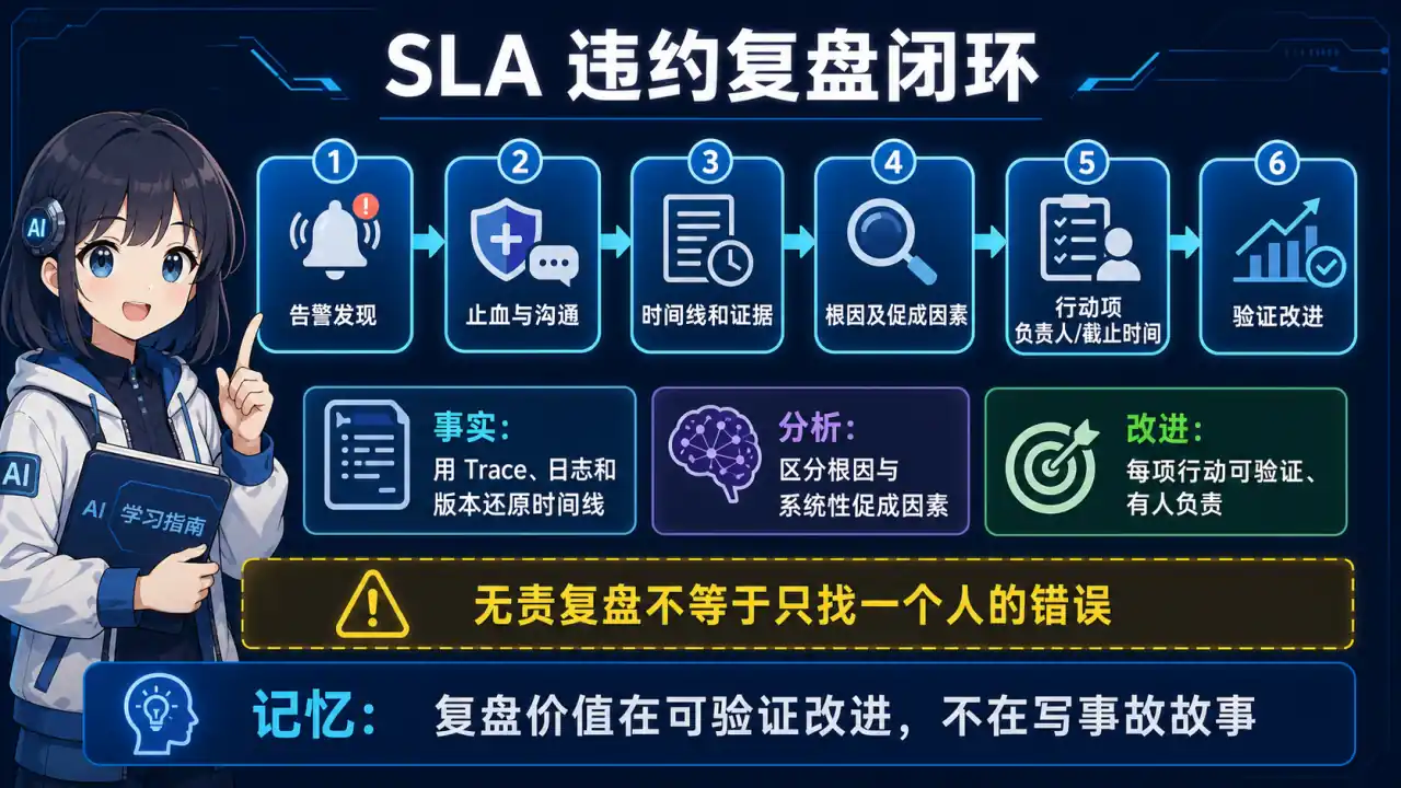 23 模块 Q16 教学图:SLA 违约复盘模板:从告警到根因分析的完整流程