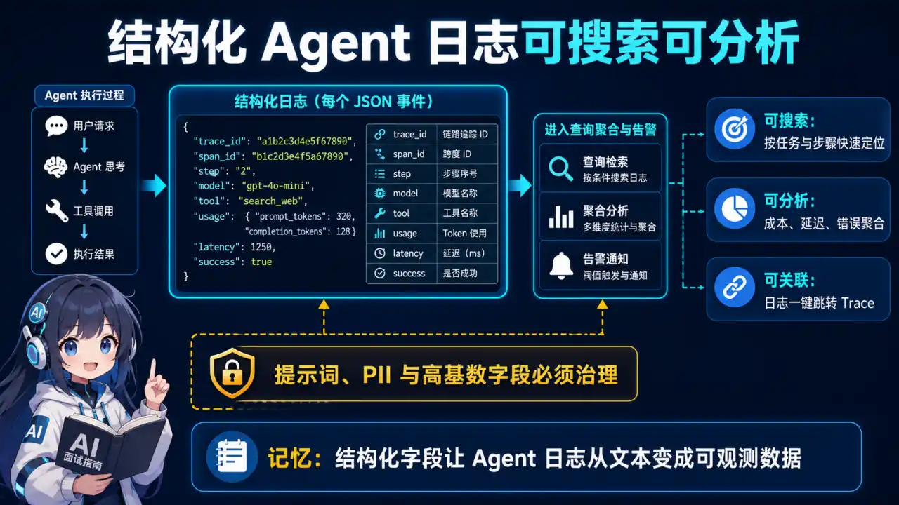 23 模块 Q17 教学图:Agent 日志结构化设计:如何让日志可搜索、可分析?