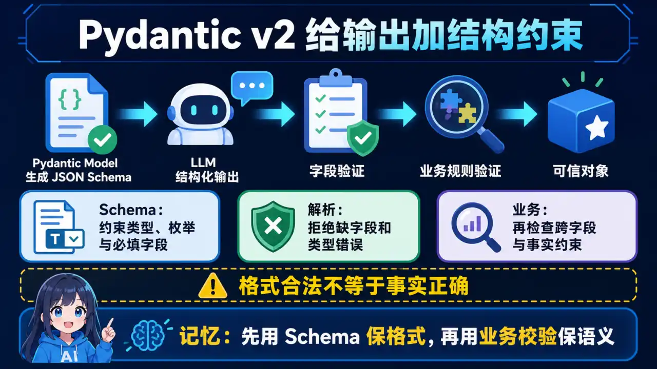 24 模块 Q2 教学图:Pydantic v2 在 LLM 结构化输出中的用法与原理?