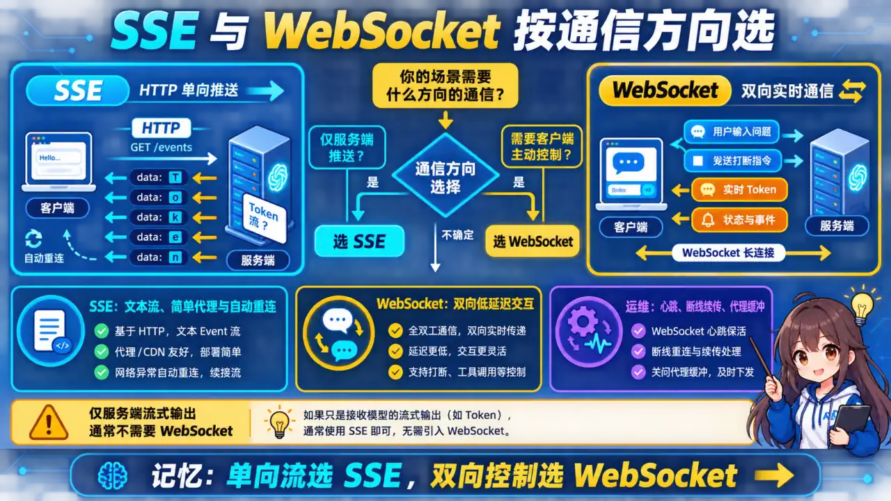 24 模块 Q4 教学图:FastAPI 如何实现流式 SSE 接口?和 WebSocket 有何区别?