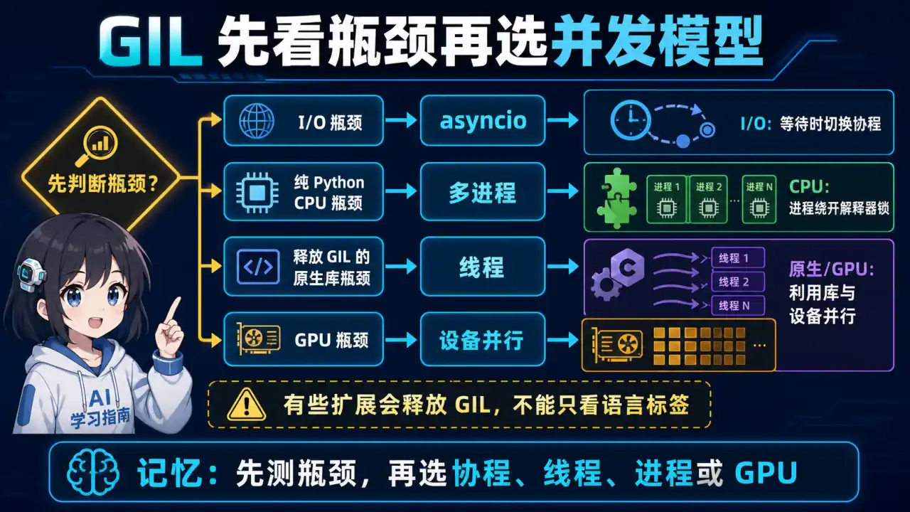 24 模块 Q5 教学图:Python GIL 对 AI 应用的影响?如何用多进程规避?