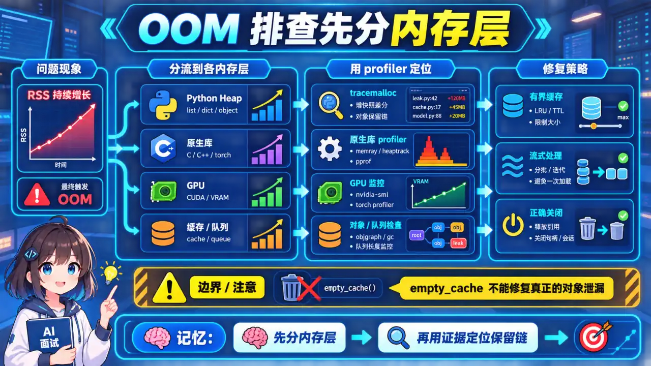 24 模块 Q7 教学图:Python 内存管理与 AI 应用的 OOM 问题如何排查?