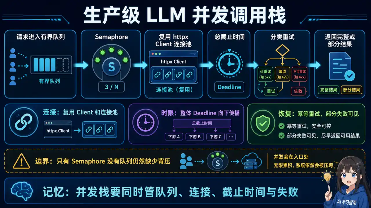 24 模块 Q8 教学图:如何用 asyncio + httpx 批量并发调用 LLM API?生产级的错误处理、重试、超时、并发控制怎么做?