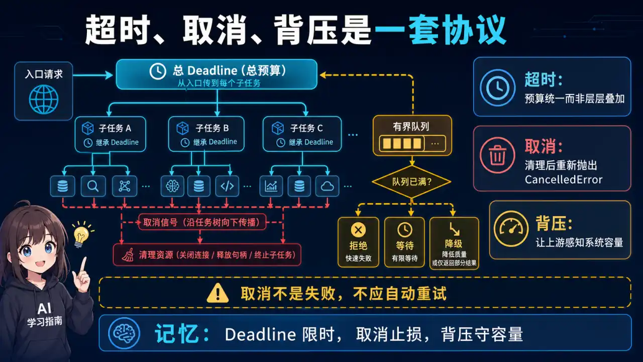 24 模块 Q9 教学图:asyncio 中如何正确处理超时、取消和背压?