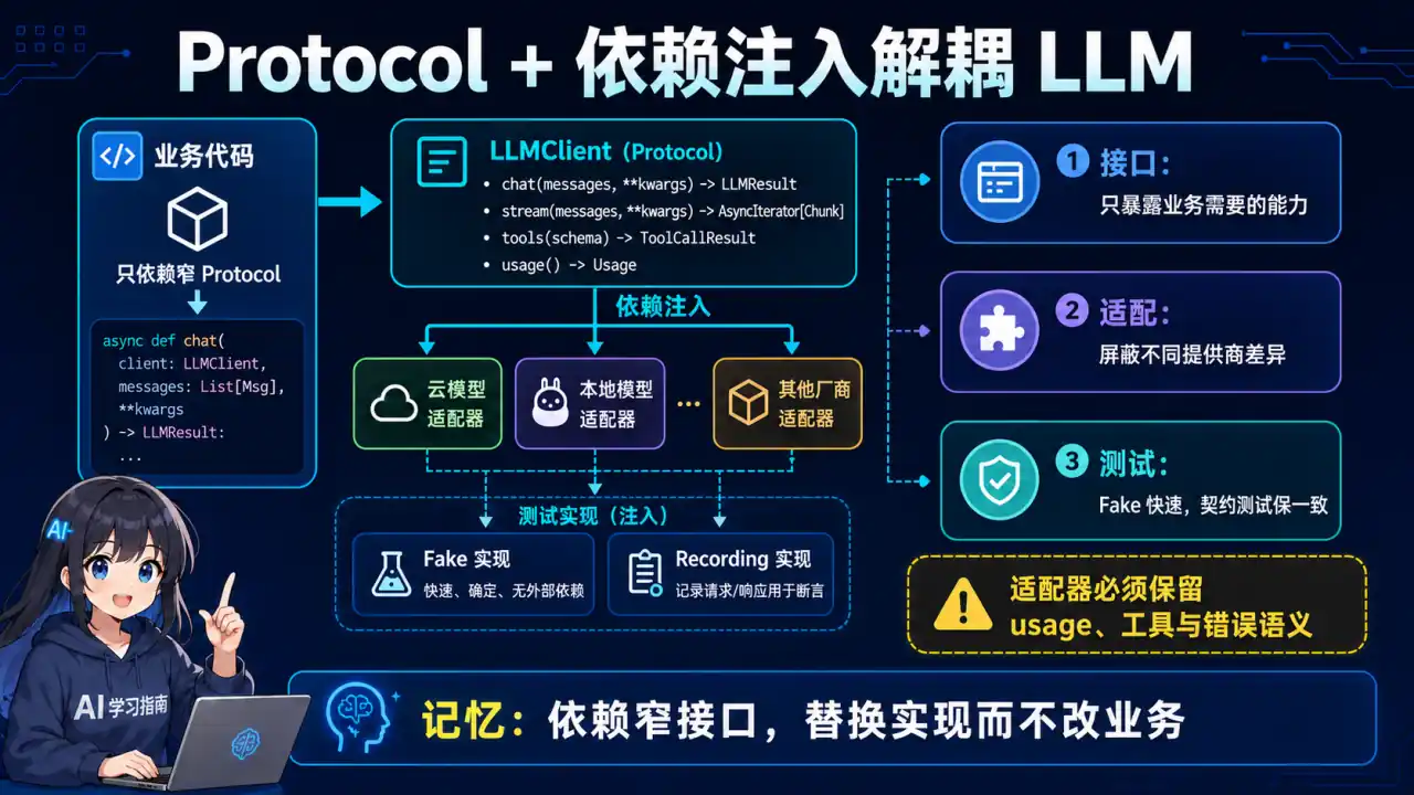 24 模块 Q10 教学图:如何用 Protocol 和依赖注入让 LLM 客户端可测试、可替换?