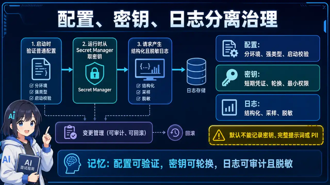 24 模块 Q11 教学图:AI 服务的配置、密钥和结构化日志应该怎么设计?
