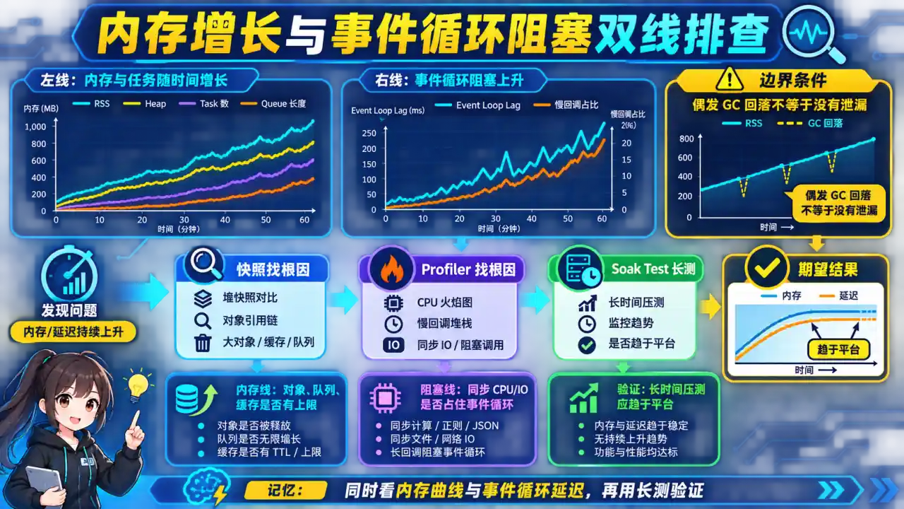 24 模块 Q12 教学图:如何定位 Python AI 服务的内存增长和事件循环阻塞?