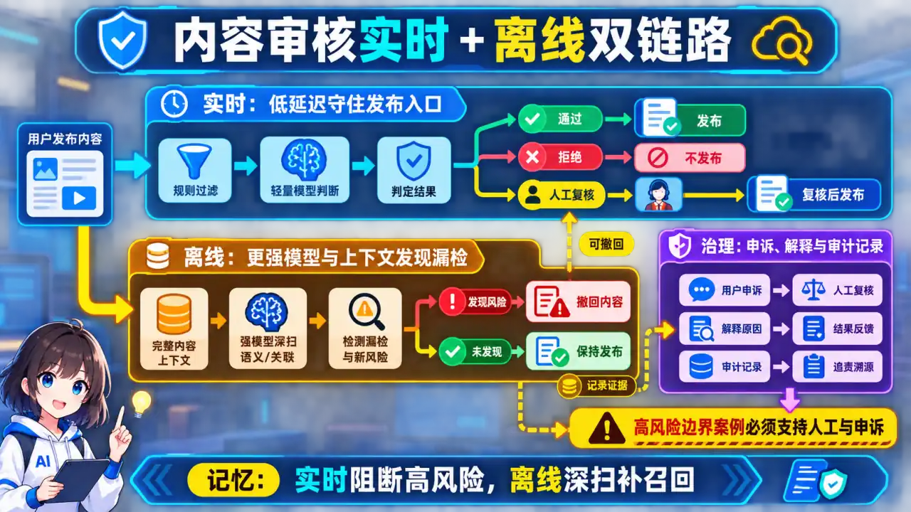 25 模块 Q5 教学图:设计一个 AI 内容审核系统(实时 + 离线双链路)