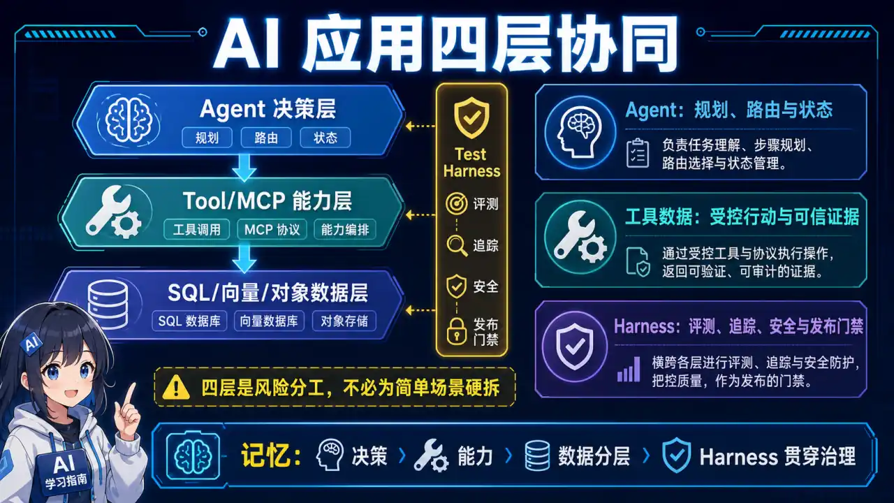 25 模块 Q9 教学图:AI 应用的四层架构(Agent + 工具层 + 数据层 + Harness)如何协同?怎么选型?