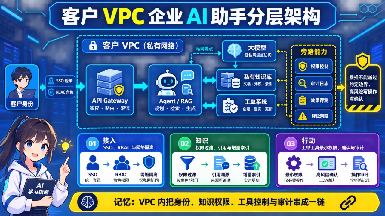 26 模块 Q10 教学图:设计一个部署在客户 VPC、能访问内部知识和工单系统的企业 AI 助手。