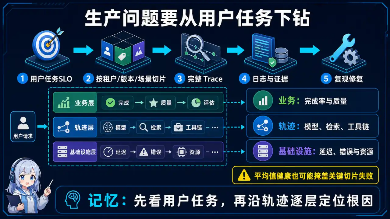 26 模块 Q17 教学图:上线后应该怎样观测和定位 AI 系统问题?