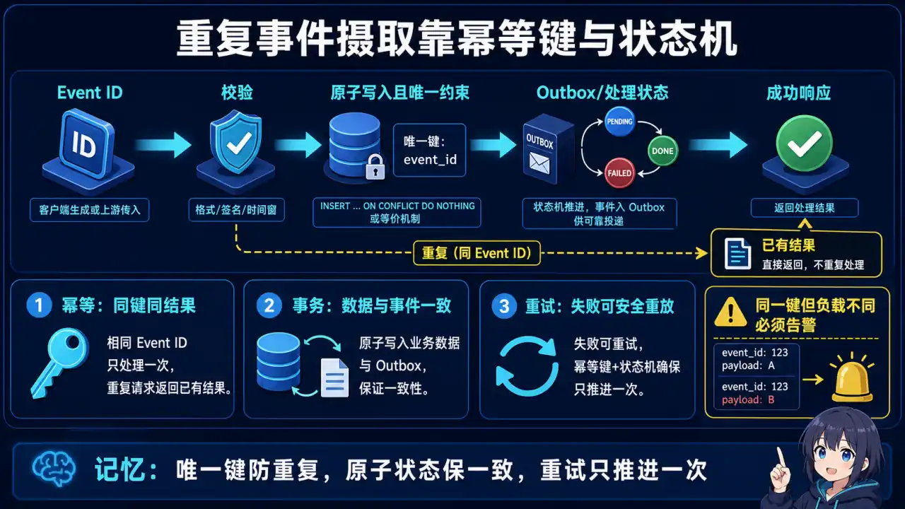26 模块 Q23 教学图:设计并实现一个接收重复事件的数据摄取接口,怎样保证结果可靠?