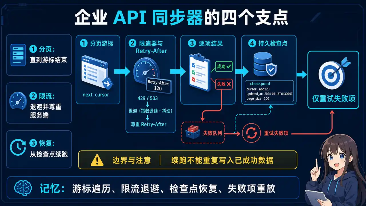 26 模块 Q24 教学图:编写企业 API 同步器时,如何处理分页、限流和部分失败?