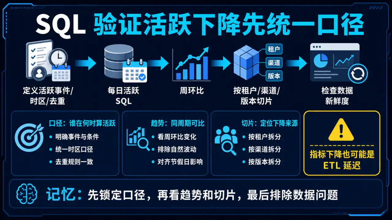 26 模块 Q25 教学图:如何用 SQL 快速验证客户说的“最近活跃用户下降”?