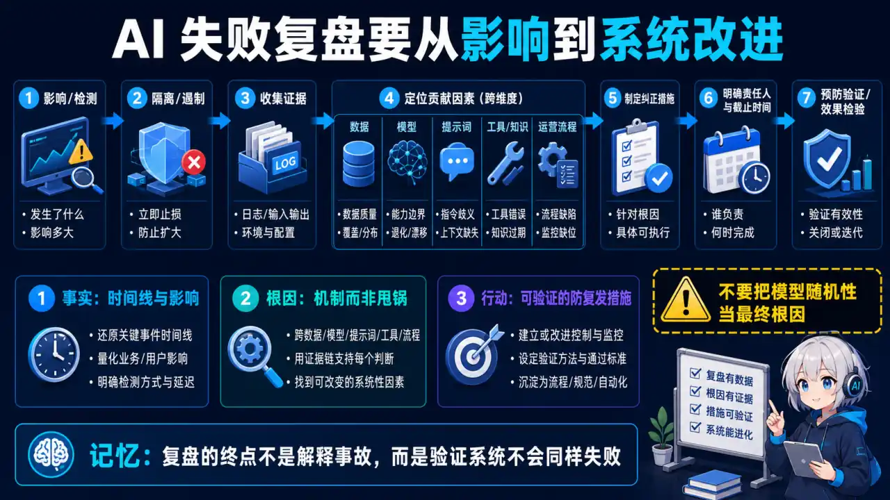 27 模块 Q11 教学图:讲一次 AI 功能上线失败或效果回退,你如何复盘?