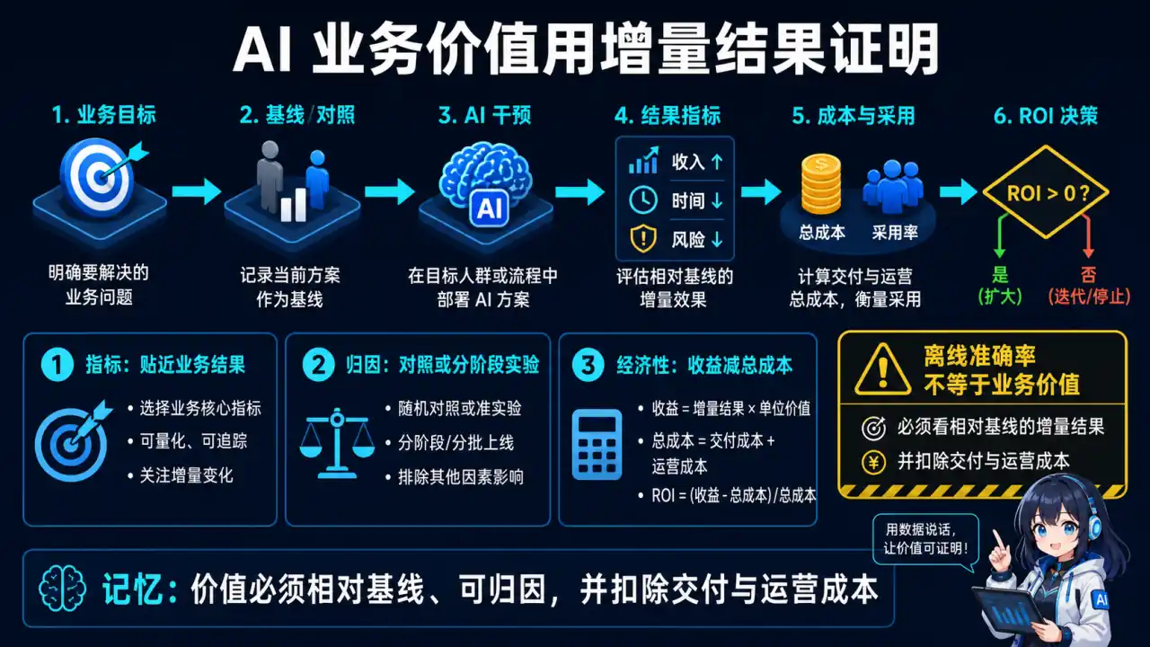 27 模块 Q12 教学图:如何证明一个 AI 项目真的产生了业务价值?