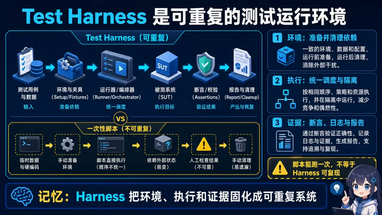 28 模块 Q1 教学图:什么是 test harness?和测试脚本有什么区别?