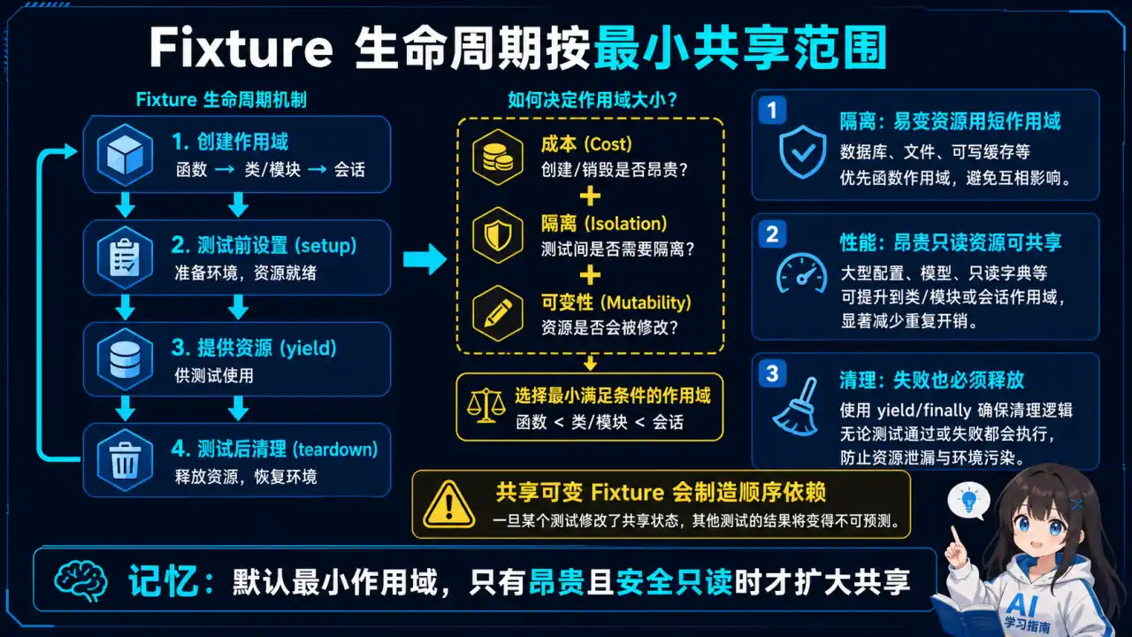 28 模块 Q3 教学图:fixture 的生命周期和作用域怎么控制?