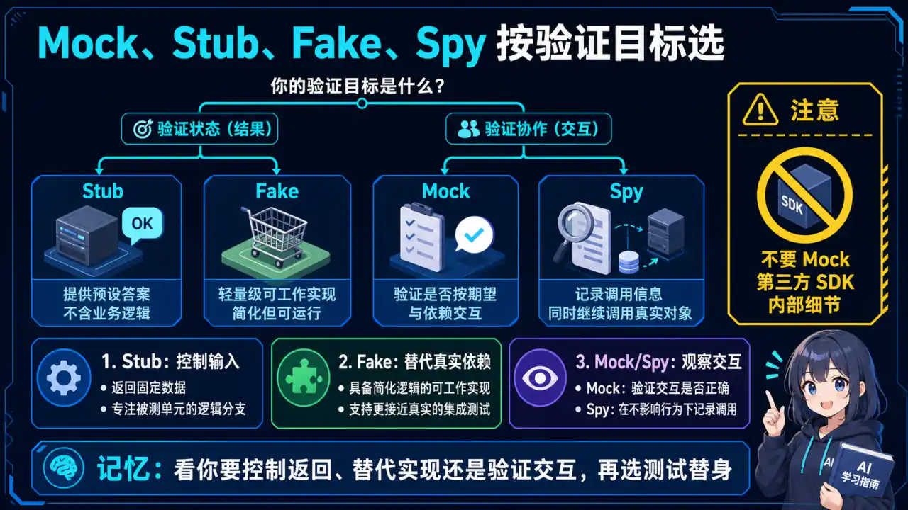 28 模块 Q4 教学图:mock、stub、fake、spy 的区别?什么时候用哪个?(必考)