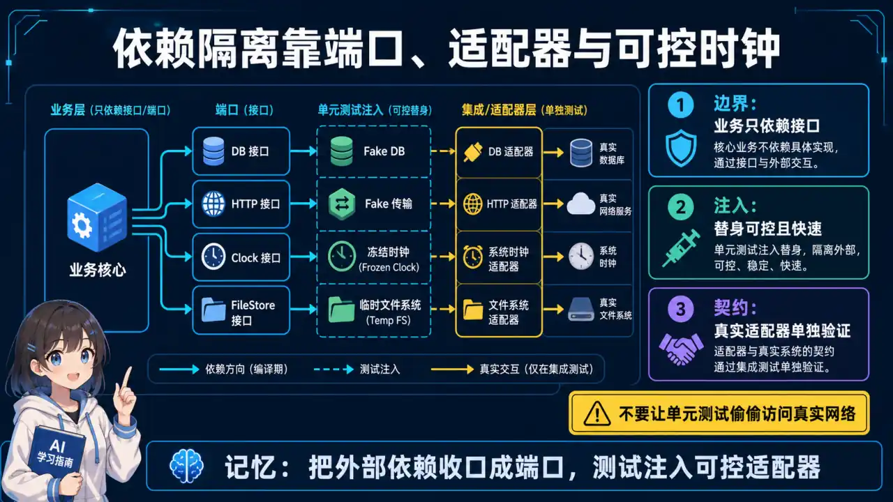 28 模块 Q5 教学图:测试里依赖数据库/网络/时间/文件,怎么隔离?
