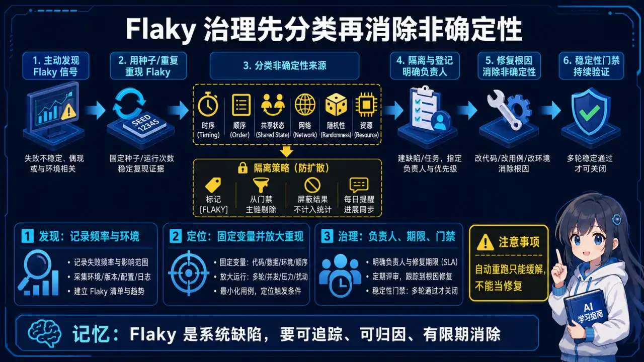 28 模块 Q6 教学图:测试经常随机挂(flaky),怎么治理?(高频追问,体现工程经验)