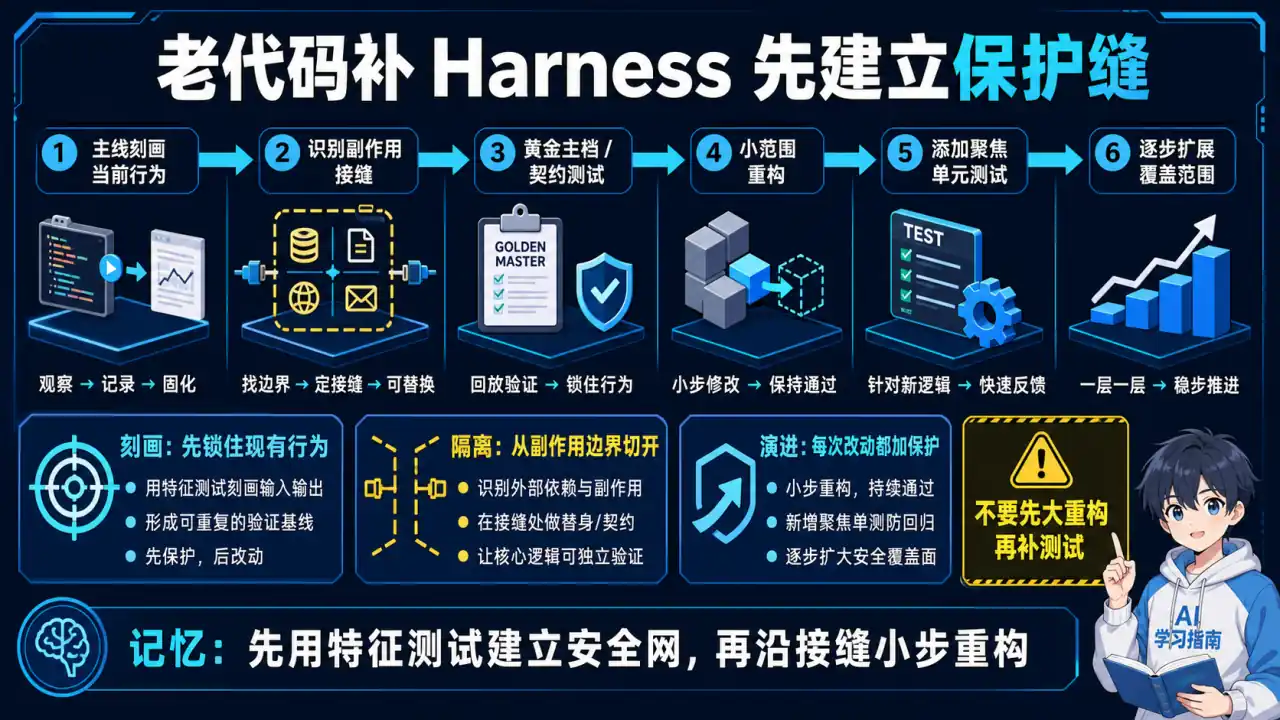 28 模块 Q7 教学图:接手一堆没有测试的老代码,怎么补 harness?(考察落地能力)