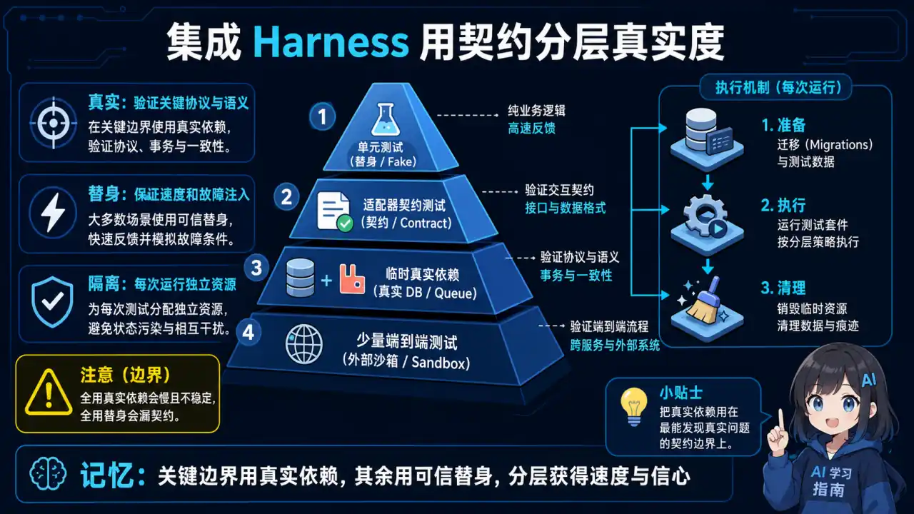 28 模块 Q8 教学图:集成测试的 harness 怎么设计?真实依赖还是替身?