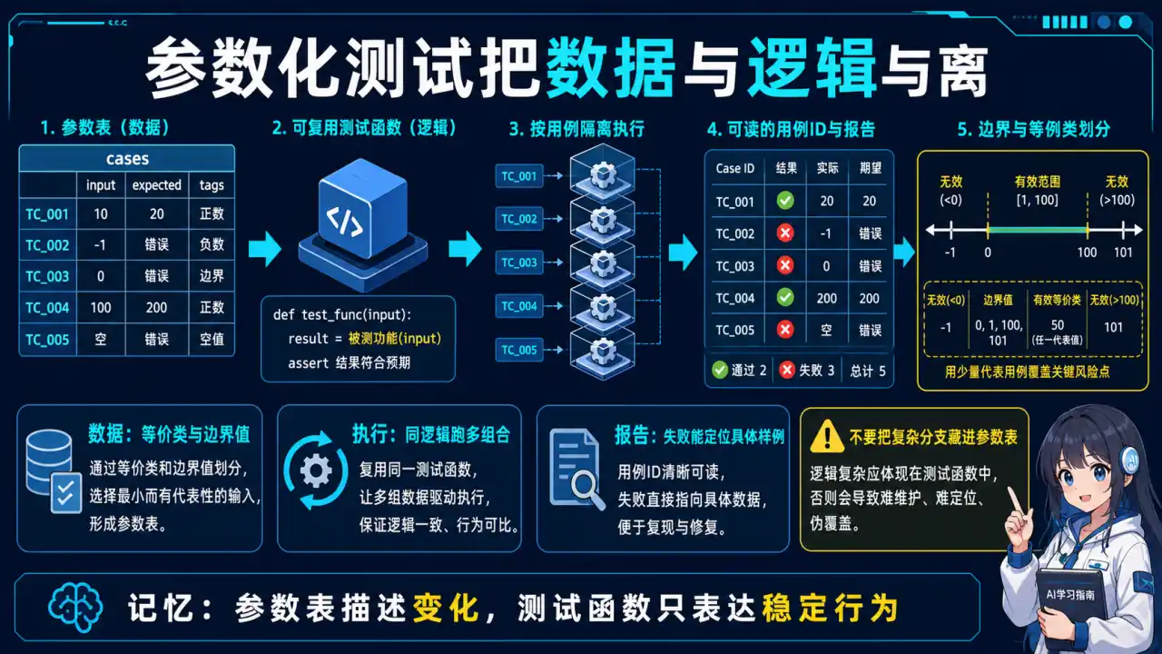 28 模块 Q10 教学图:参数化测试和数据驱动怎么落地?