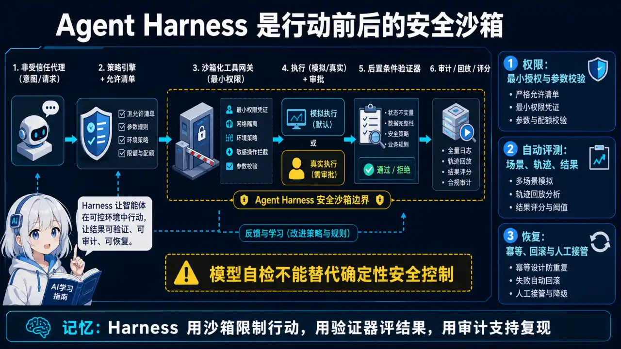 28 模块 Q16 教学图:Harness 如何作为 Agent 安全沙箱落地权限管控与自动化评测?